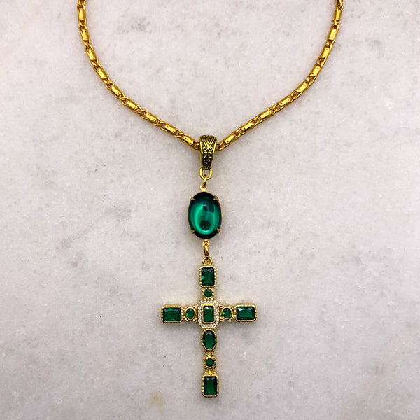 Emerald Cross Necklace | Spanish Glass | Handmade in Australia | Baroque Chain