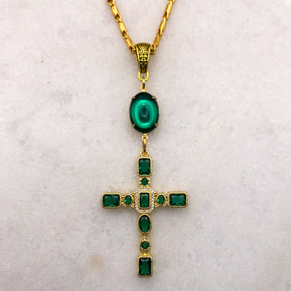Emerald Cross Necklace | Spanish Glass | Handmade in Australia | Baroque Chain