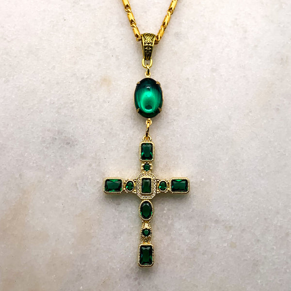 Emerald Cross Necklace | Spanish Glass | Handmade in Australia | Baroque Chain