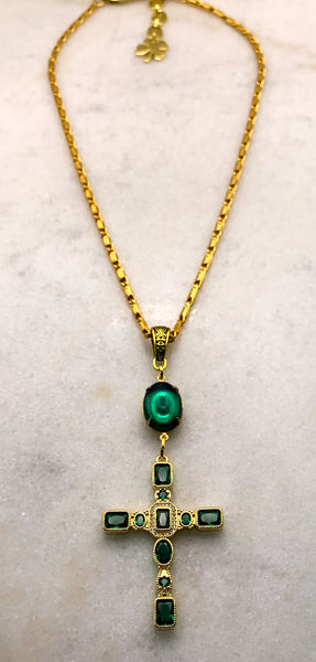 Emerald Cross Necklace | Spanish Glass | Handmade in Australia | Baroque Chain