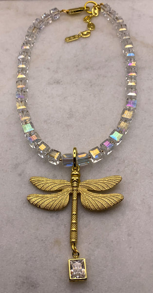 Gold Dragonfly Necklace | Cut Crystal Cube Bead | Handmade in Australia 
