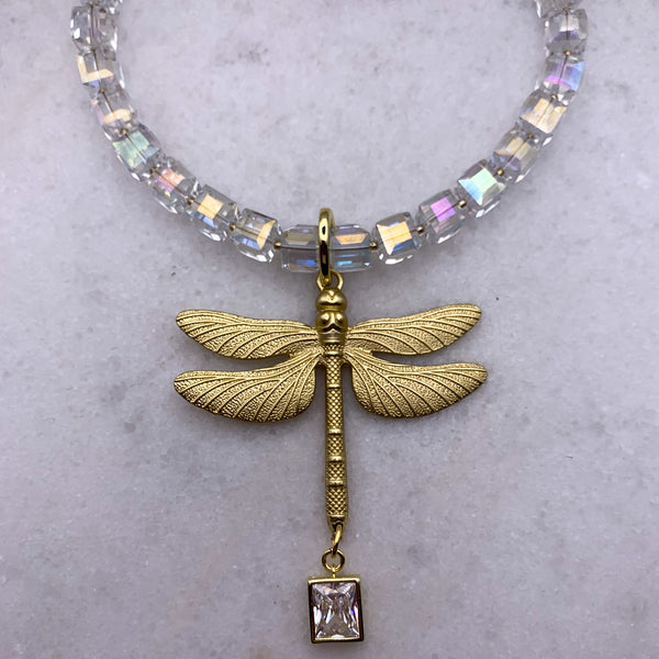 Gold Dragonfly Necklace | Cut Crystal Cube Bead | Handmade in Australia 