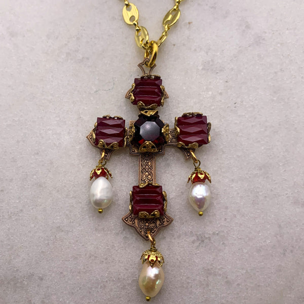 Garnet Cross Necklace | Handmade in Australia | Gold Chain | Byzantine