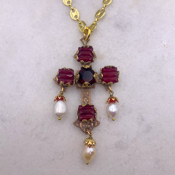 Garnet Cross Necklace | Handmade in Australia | Gold Chain | Byzantine
