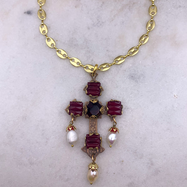 Garnet Cross Necklace | Handmade in Australia | Gold Chain | Byzantine