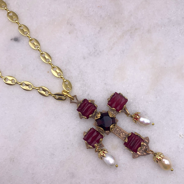 Garnet Cross Necklace | Handmade in Australia | Gold Chain | Byzantine