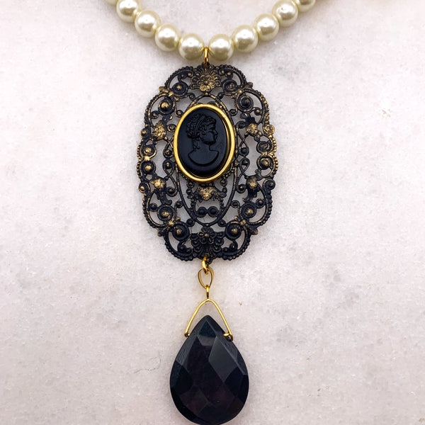 Vintage French Jet Cameo | Handmade in Australia | Pearl