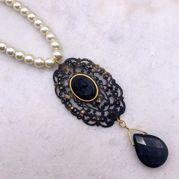 Vintage French Jet Cameo | Handmade in Australia | Pearl