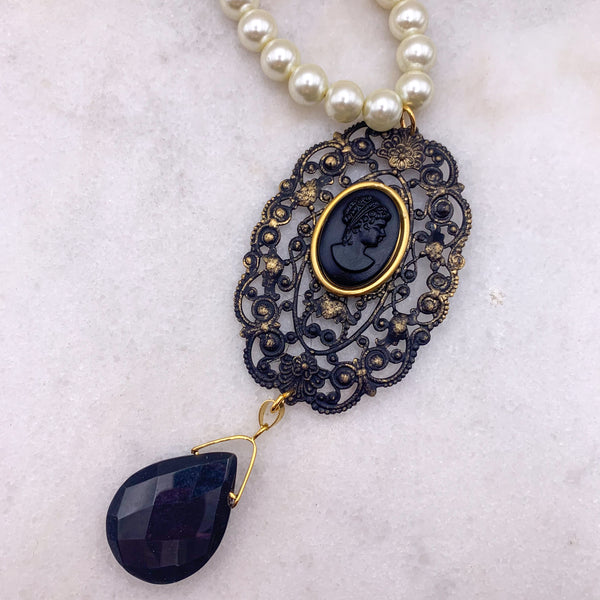 Vintage French Jet Cameo | Handmade in Australia | Pearl
