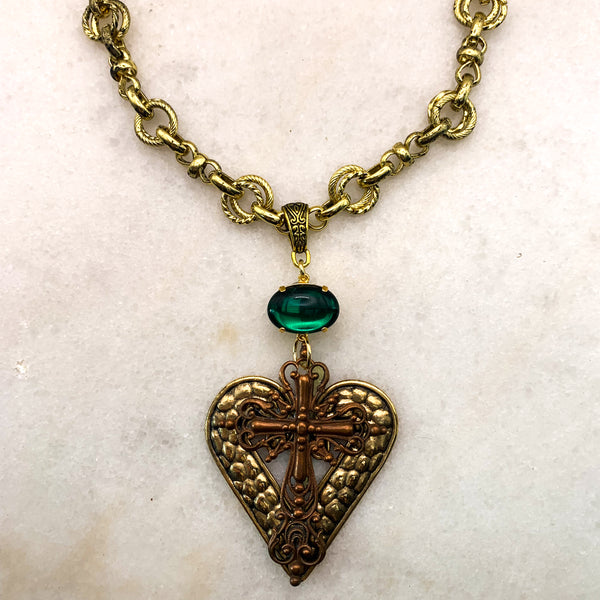 Cross Necklace | Vintage Emerald | Handmade in Australia | 24 Carat Gold Filled Chain