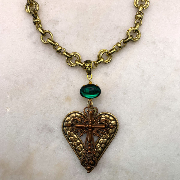 Cross Necklace | Vintage Emerald | Handmade in Australia | 24 Carat Gold Filled Chain