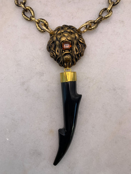 Lion Necklace | Topaz Crystal | 24 Carat Gold Filled Chain | Horn Tusk