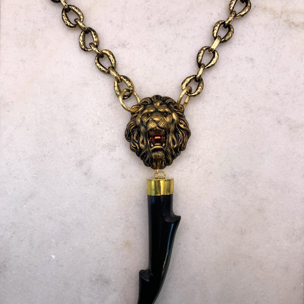 Lion Necklace | Topaz Crystal | 24 Carat Gold Filled Chain | Horn Tusk