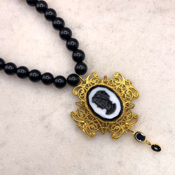 Cameo Necklace | Vintage | Onyx Beads | Handmade in Australia