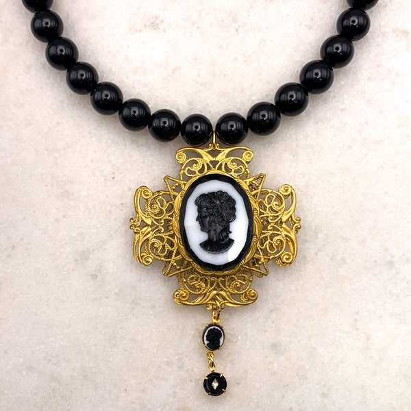 Cameo Necklace | Vintage | Onyx Beads | Handmade in Australia