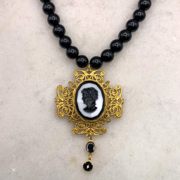 Cameo Necklace | Vintage | Onyx Beads | Handmade in Australia