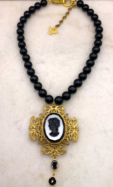 Cameo Necklace | Vintage | Onyx Beads | Handmade in Australia