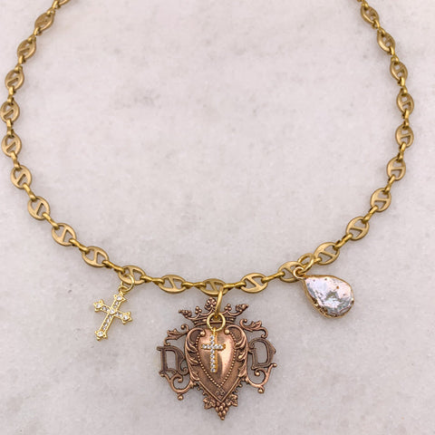 Vintage French Heart | Baroque | Freshwater Pearl | Gold Cross | Handmade in Australia
