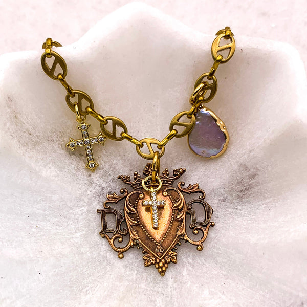 Vintage French Heart | Baroque | Freshwater Pearl | Gold Cross | Handmade in Australia