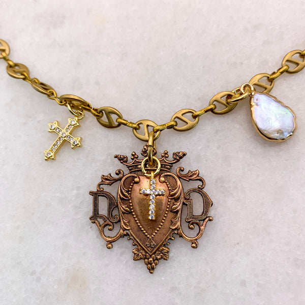 Vintage French Heart | Baroque | Freshwater Pearl | Gold Cross | Handmade in Australia