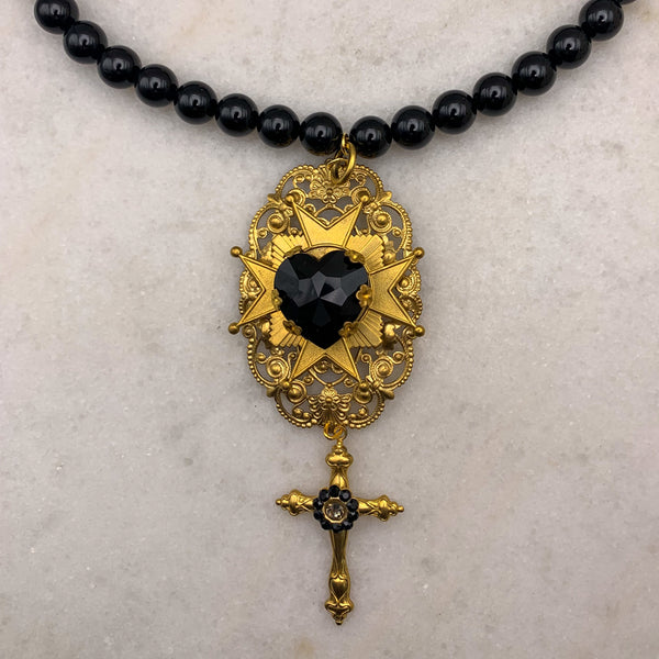 Maltese Cross Necklace | French Jet Heart | Onyx Bead | Handmade in Australia