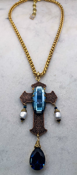 Blue Crystal Cross Necklace | Baroque Pearl | Handmade in Australia 
