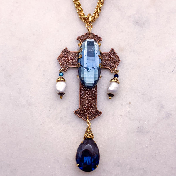 Blue Crystal Cross Necklace | Baroque Pearl | Handmade in Australia 