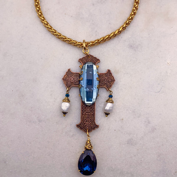 Blue Crystal Cross Necklace | Baroque Pearl | Handmade in Australia 