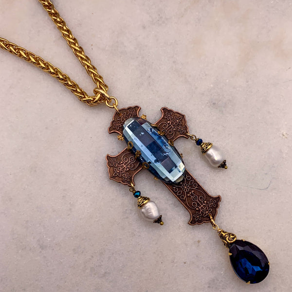 Blue Crystal Cross Necklace | Baroque Pearl | Handmade in Australia 