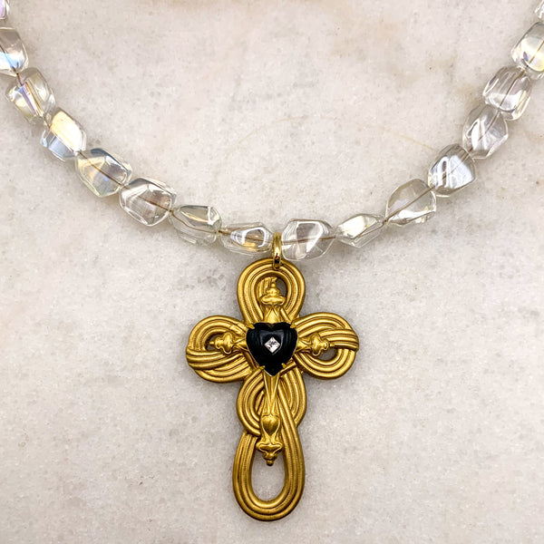 Cross Necklace | French Jet | Cut Crystal Bead | Handmade in Australia