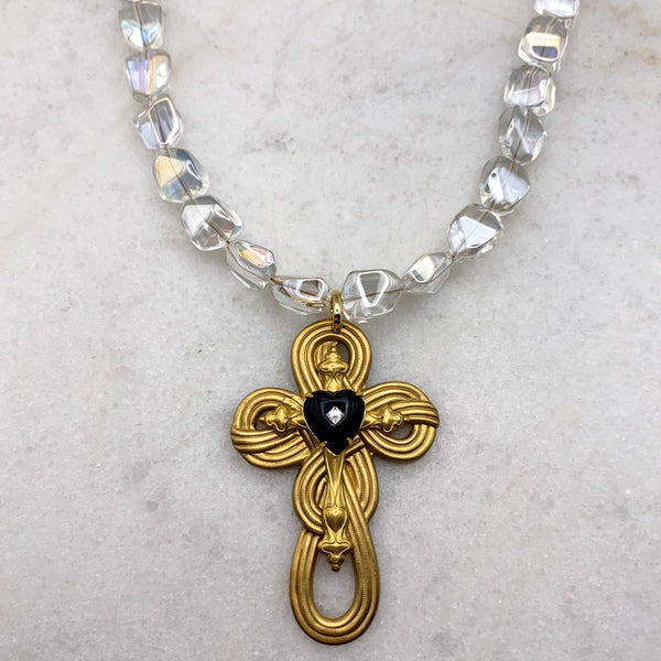 Cross Necklace | French Jet | Cut Crystal Bead | Handmade in Australia