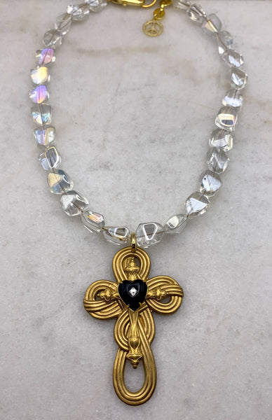 Cross Necklace | French Jet | Cut Crystal Bead | Handmade in Australia