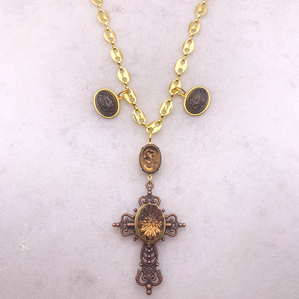 Ornate Cross | Topaz Crystal | Handmade in Australia | Gold Chain