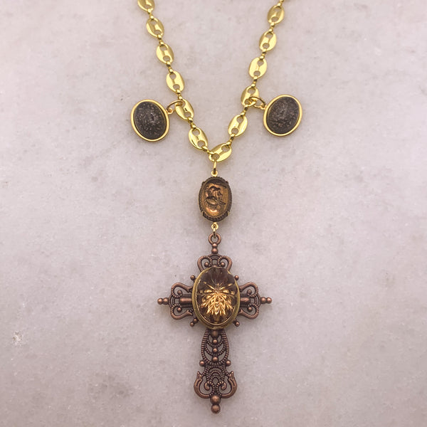Ornate Cross | Topaz Crystal | Handmade in Australia | Gold Chain