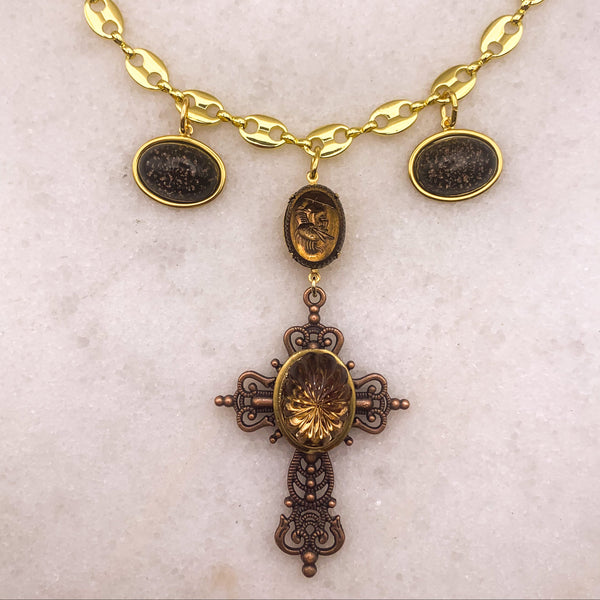 Ornate Cross | Topaz Crystal | Handmade in Australia | Gold Chain