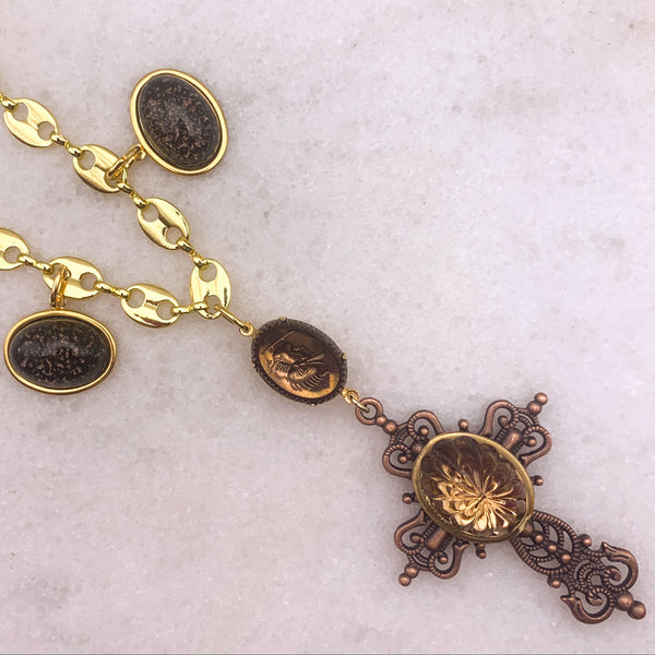 Ornate Cross | Topaz Crystal | Handmade in Australia | Gold Chain