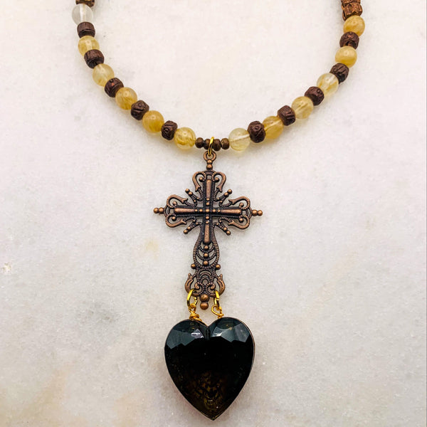 Ornate Cross | Crystal Heart | Handmade in Australia | Gemstone 
