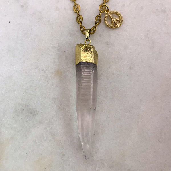 Vintage Chain | Rock Crystal Quartz | Gold Peace Sign | Handmade in Australia