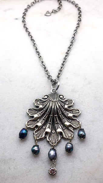 Antique Silver Shell Necklace | Baroque Tahitian Pearls | Handmade in Australia