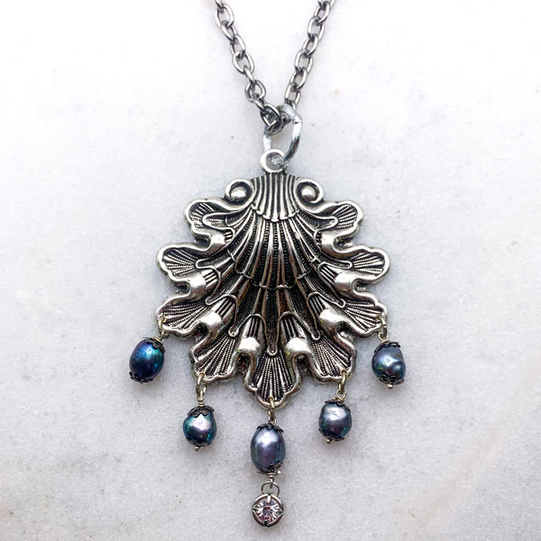 Antique Silver Shell Necklace | Baroque Tahitian Pearls | Handmade in Australia