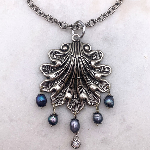 Antique Silver Shell Necklace | Baroque Tahitian Pearls | Handmade in Australia