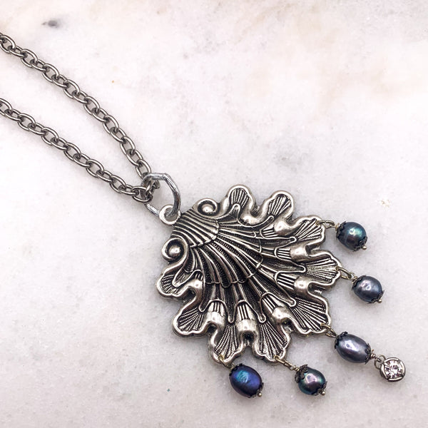 Antique Silver Shell Necklace | Baroque Tahitian Pearls | Handmade in Australia