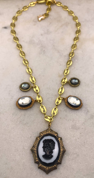 Vintage Cameo Necklace | French Jet and Pearl | Handmade in Australia | Gold Chain 