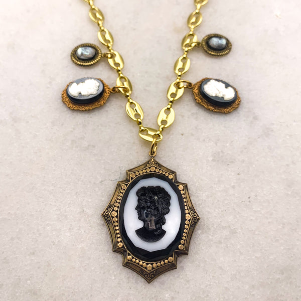 Vintage Cameo Necklace | French Jet and Pearl | Handmade in Australia | Gold Chain 