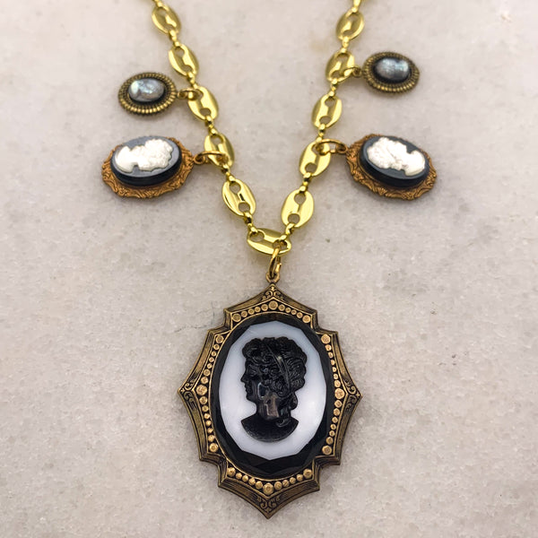 Vintage Cameo Necklace | French Jet and Pearl | Handmade in Australia | Gold Chain 