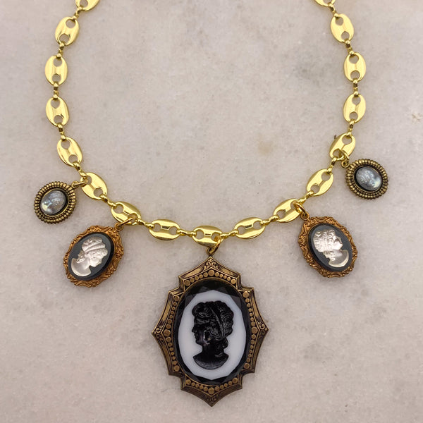Vintage Cameo Necklace | French Jet and Pearl | Handmade in Australia | Gold Chain 