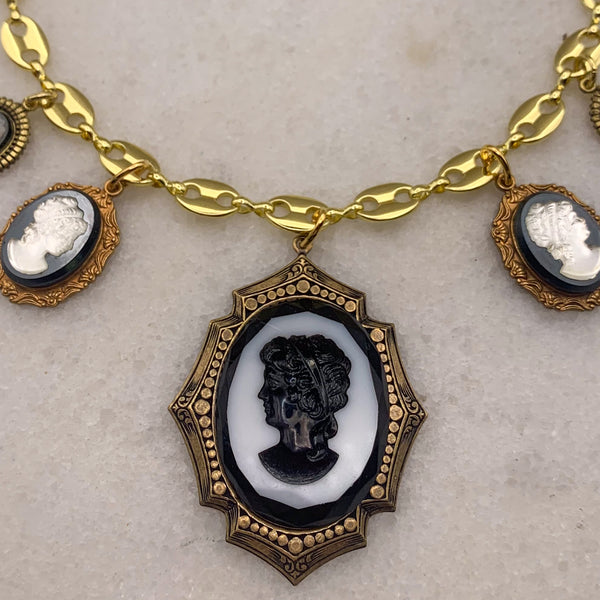 Vintage Cameo Necklace | French Jet and Pearl | Handmade in Australia | Gold Chain 