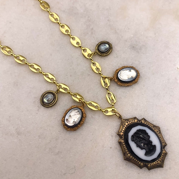 Vintage Cameo Necklace | French Jet and Pearl | Handmade in Australia | Gold Chain 