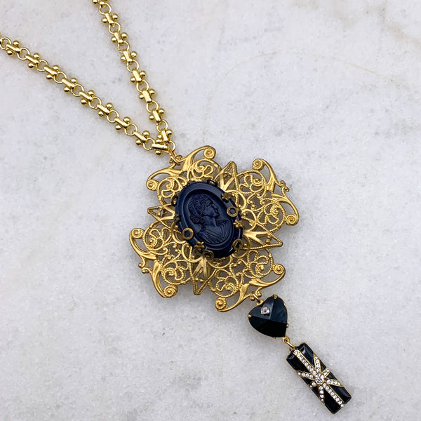 French Jet Cameo | Handmade in Australia | Art Deco Necklace | Gold
