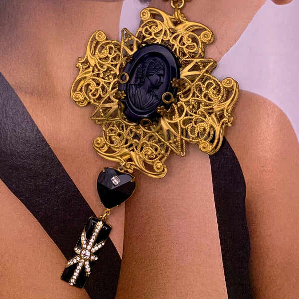 French Jet Cameo | Handmade in Australia | Art Deco Necklace | Gold